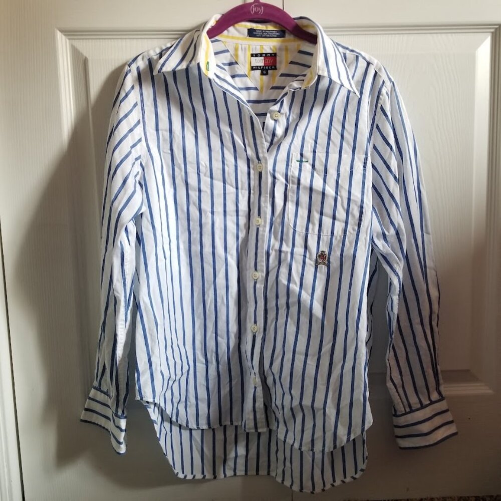 Tommy Hilfiger Women's Shirt 6 S Blue White Striped Button Up Logo Vintage/Y2k